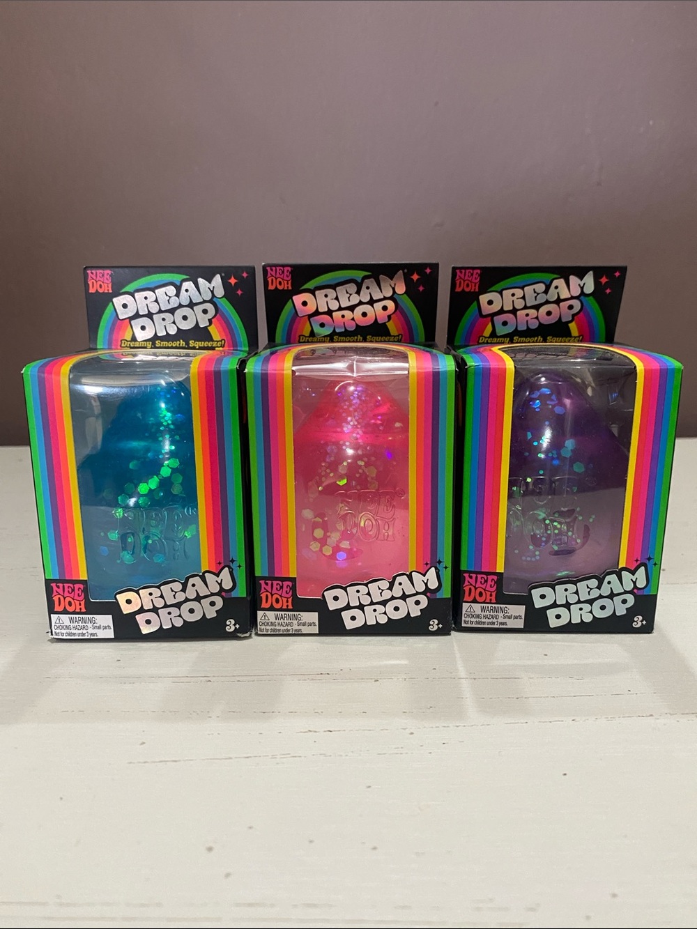 NeeDoh Dream Drop Glitter Squishy — Pink, Blue & Purple Sensory Toy Set - RARE